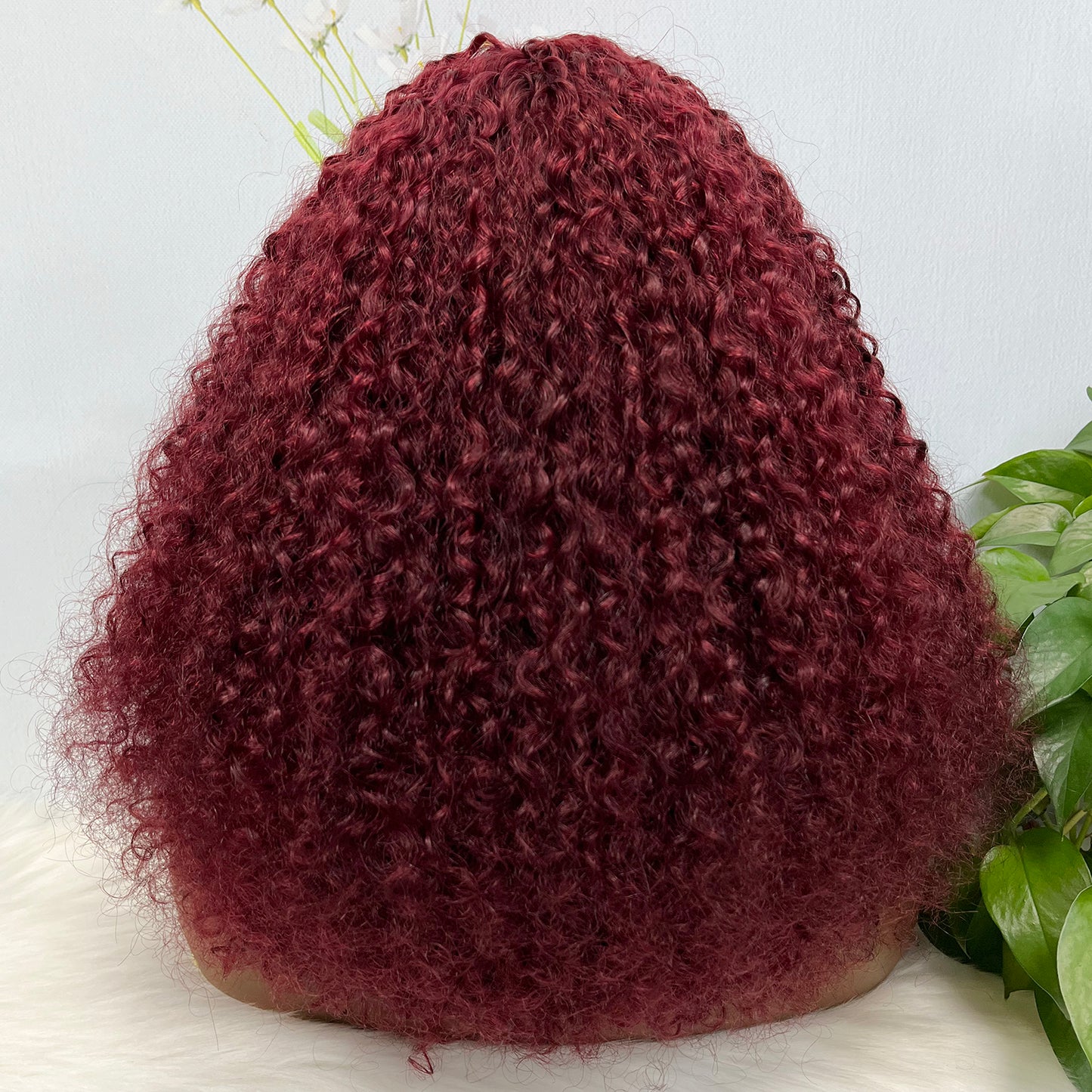 Fringe Double Drawn Wig Human Hair Pixie Curl Wigs 300% Density Wine Color 99J