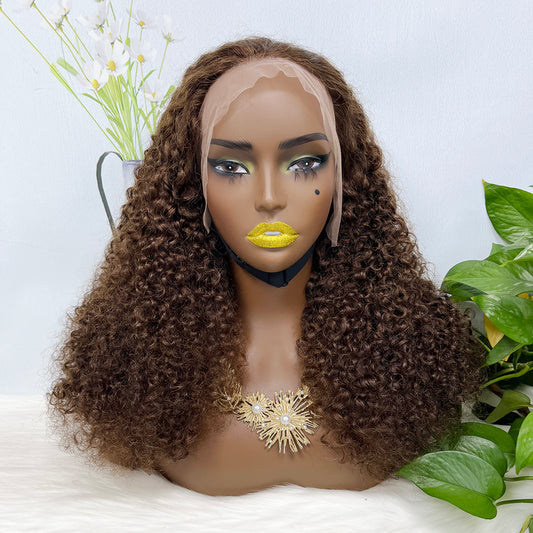 Double Drawn 13x4 Glueless Wig Pixie Curl Natural Human Hair Lace Wigs Brown Color 4# 250% Density