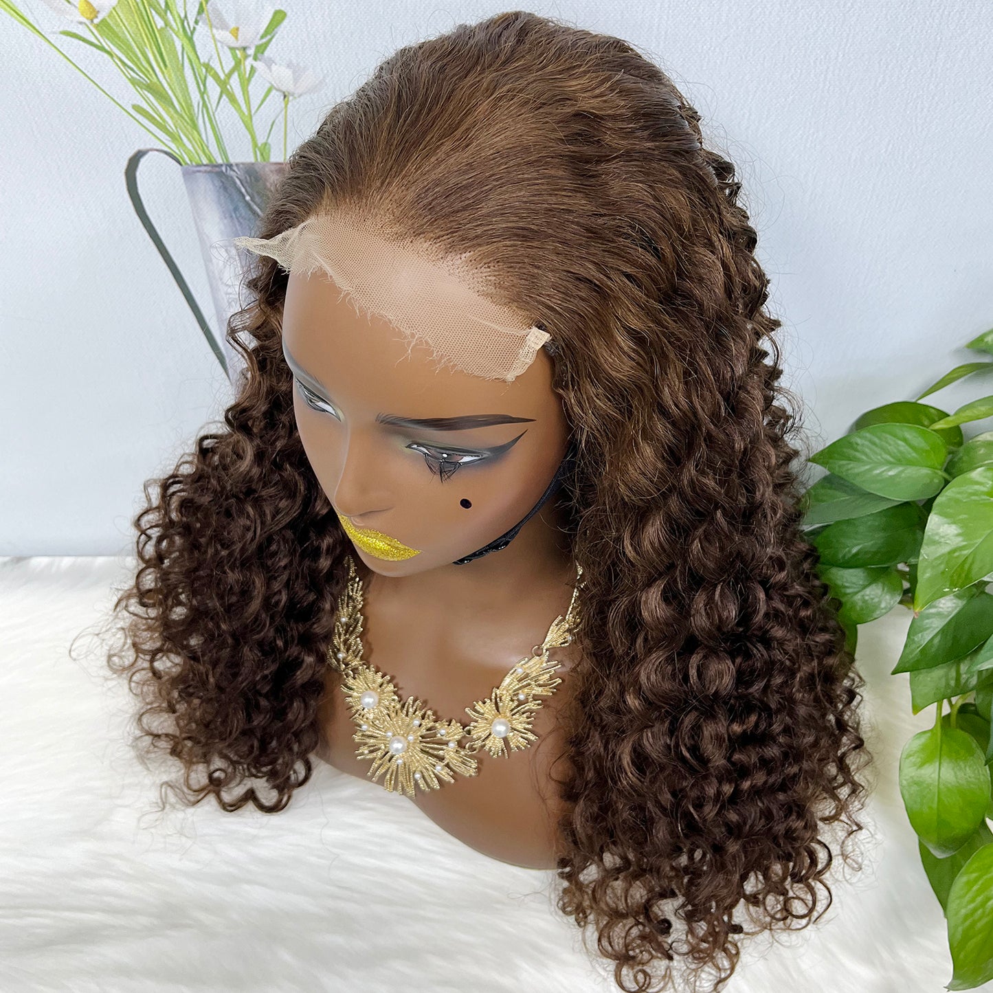 5*5 HD Glueless Wig Water Wave Human Hair Curly Lace Wigs Brown Color 4# 26"