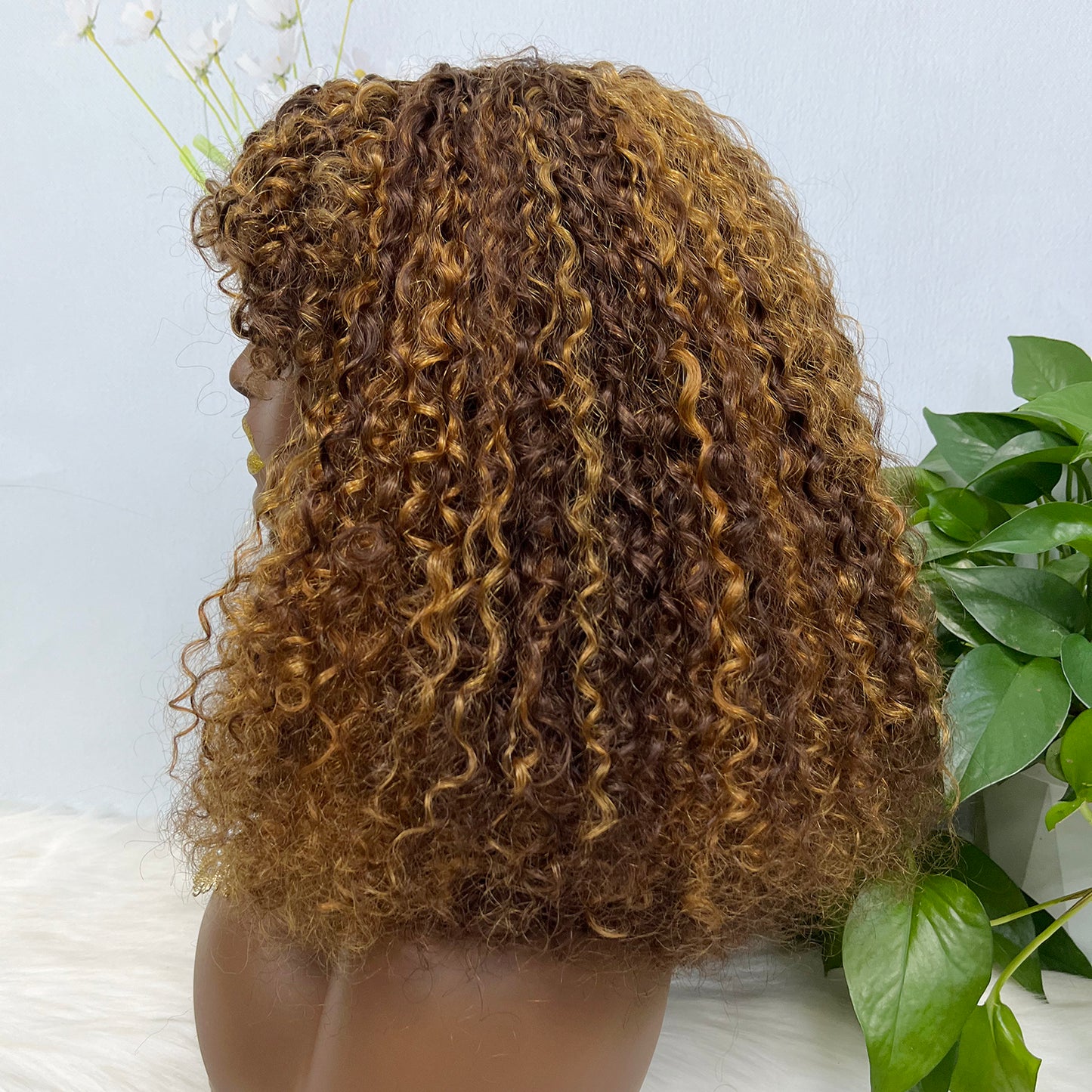 Fringe Double Drawn Wig Human Hair Pixie Curl Wigs 300% Density Piano Color P4/30
