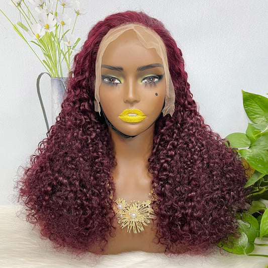 Double Drawn 13x4 Glueless Wig Pixie Curl Natural Human Hair Lace Wigs Wine Color 99J 250% Density