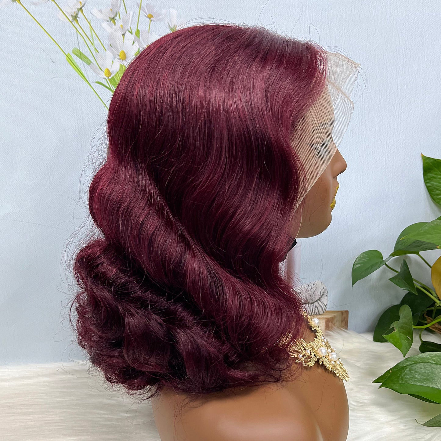 Double Drawn 13*4 Lace Wig Loose Body Wave Natural Human Hair Lace Wigs Wine Color 99J 14"