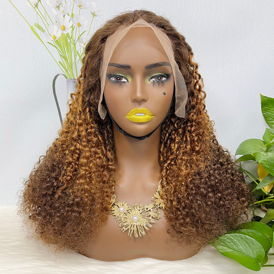 Double Drawn 13x4 Glueless Wig Pixie Curl Natural Human Hair Lace Wigs Ombre Color T4/30/4 250% Density