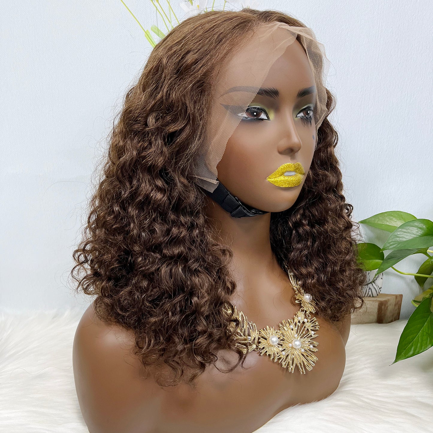 Double Drawn 13*4 Glueless Wig Pissy Curl Natural Human Hair Lace Wig Brown Color 4# 250% Density