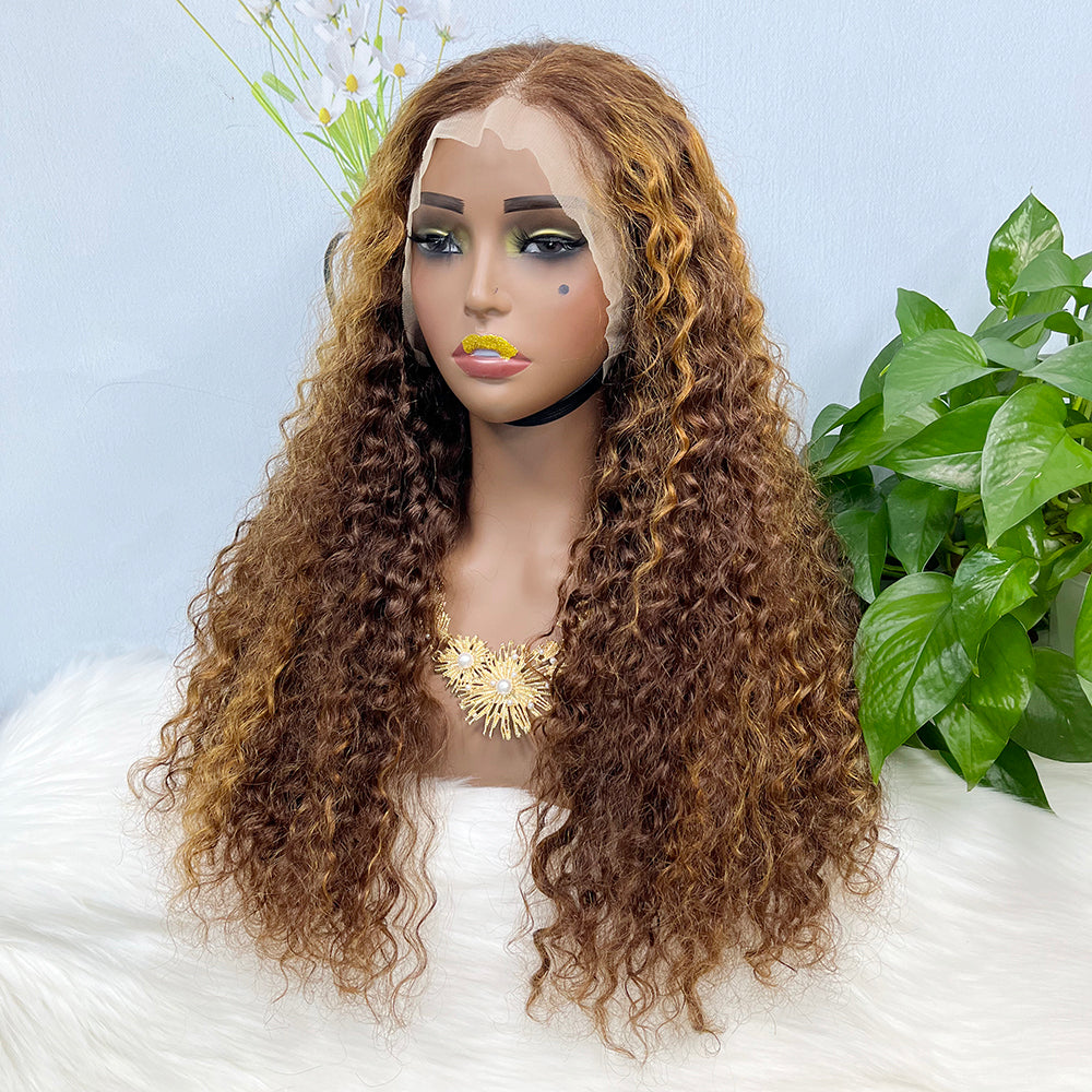 Double Drawn 13*4 Glueless Lace Wig Water Wave Natural Human Hair Wigs Piano Color P4/30