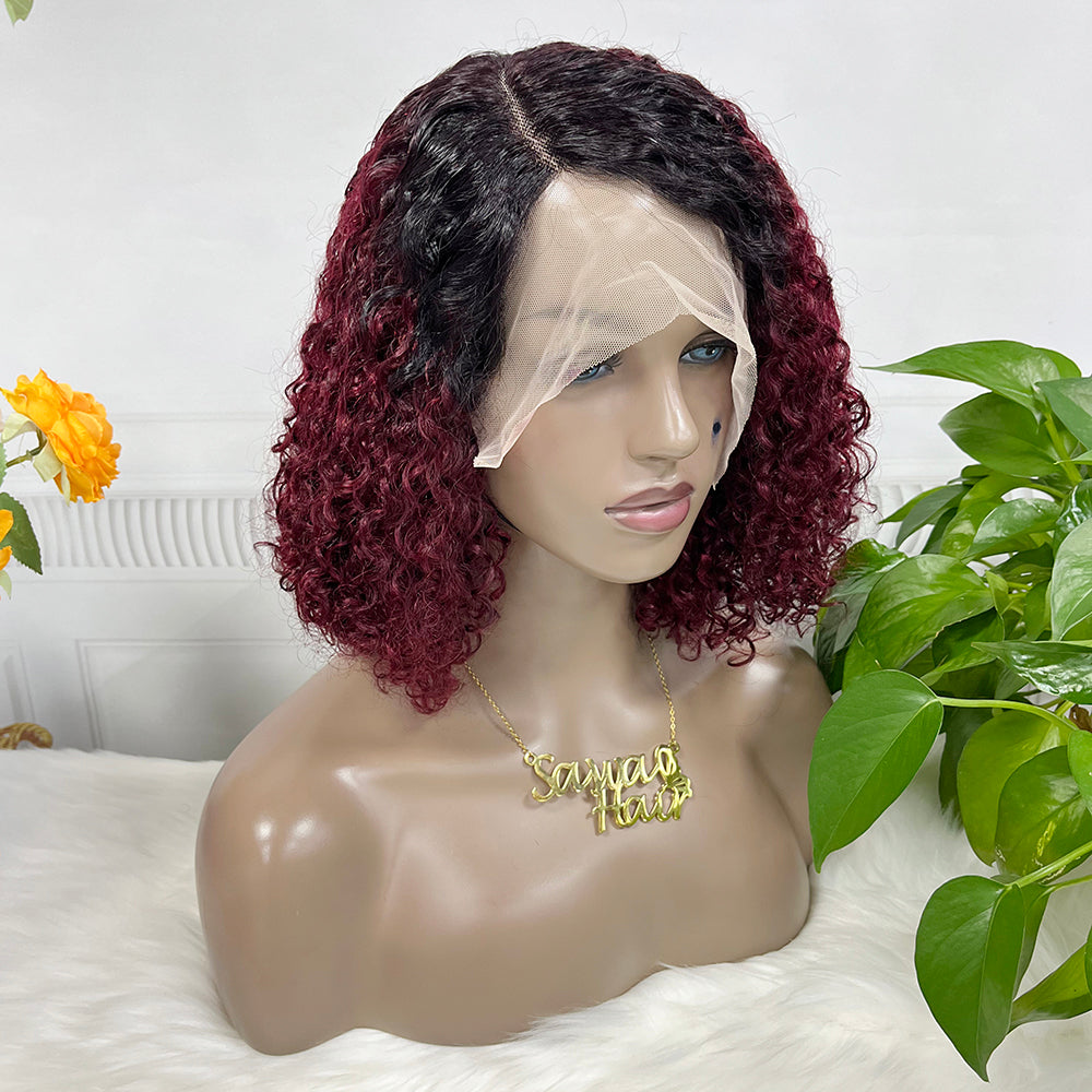 DD T Lace Wig Pixie Curl Natural Human Hair Lace Wigs 14 inch Color T1B/99J