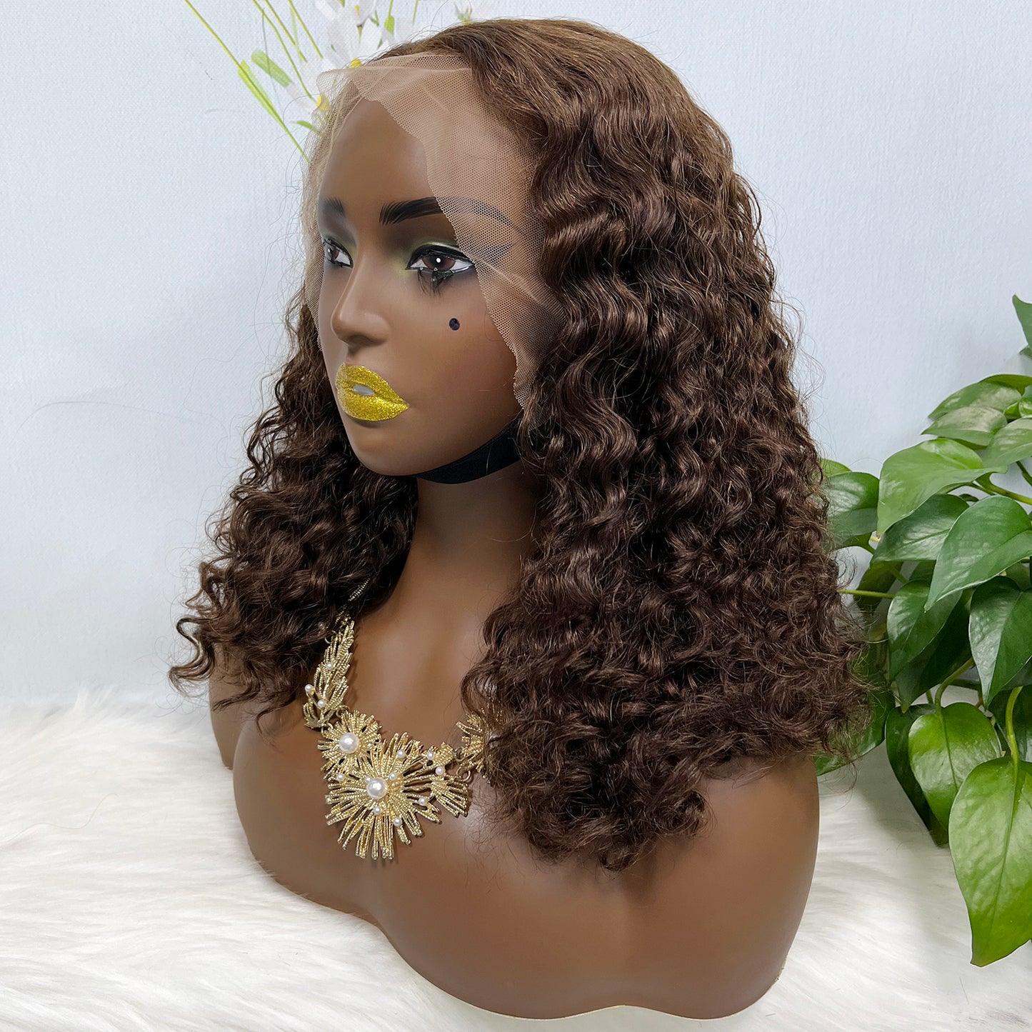 Double Drawn 13*4 Glueless Wig Pissy Curl Natural Human Hair Lace Wig Brown Color 4# 250% Density