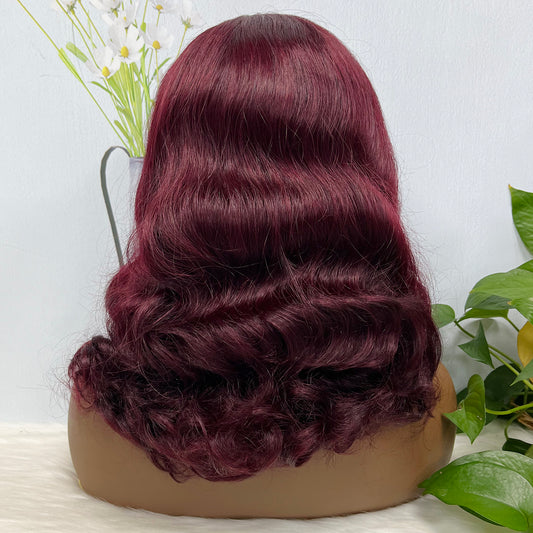 Double Drawn 13*4 Lace Wig Loose Body Wave Natural Human Hair Lace Wigs Wine Color 99J 14"