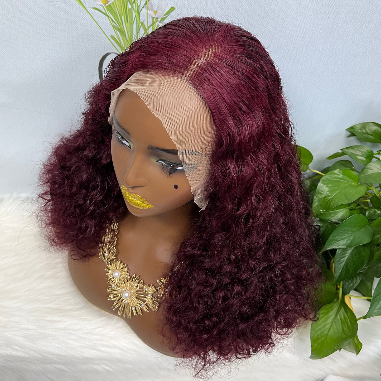 Double Drawn 13*4 Glueless Wig Pissy Curl Natural Human Hair Lace Wig Wine Color 99J 250% Density