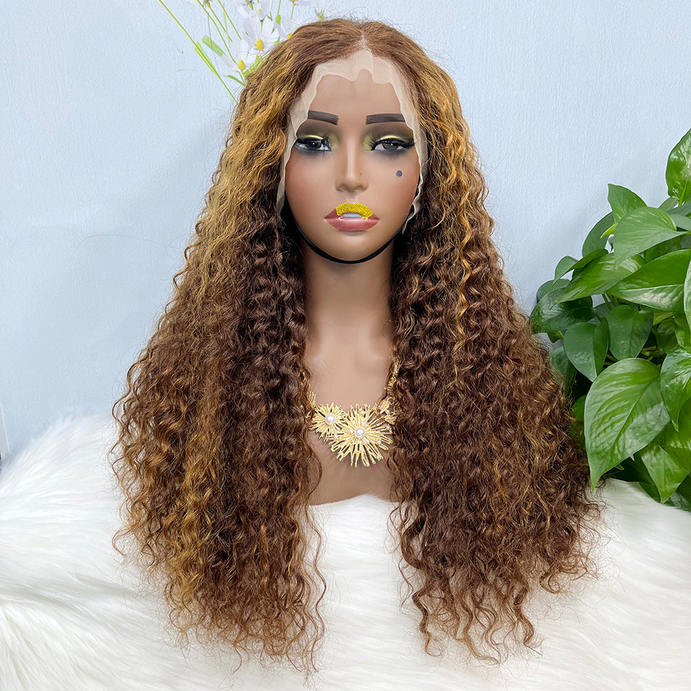 Double Drawn 13*4 Glueless Lace Wig Water Wave Natural Human Hair Wigs Piano Color P4/30