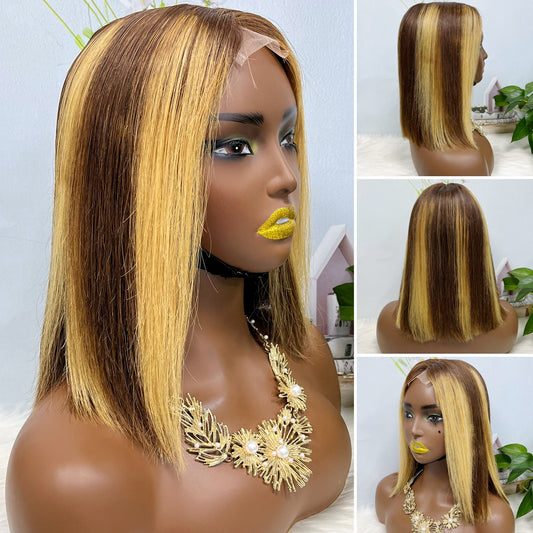 Super Double Drawn 2*6 Lace Bob Wig  Human Hair Lace Wig Color P4/27# Straight