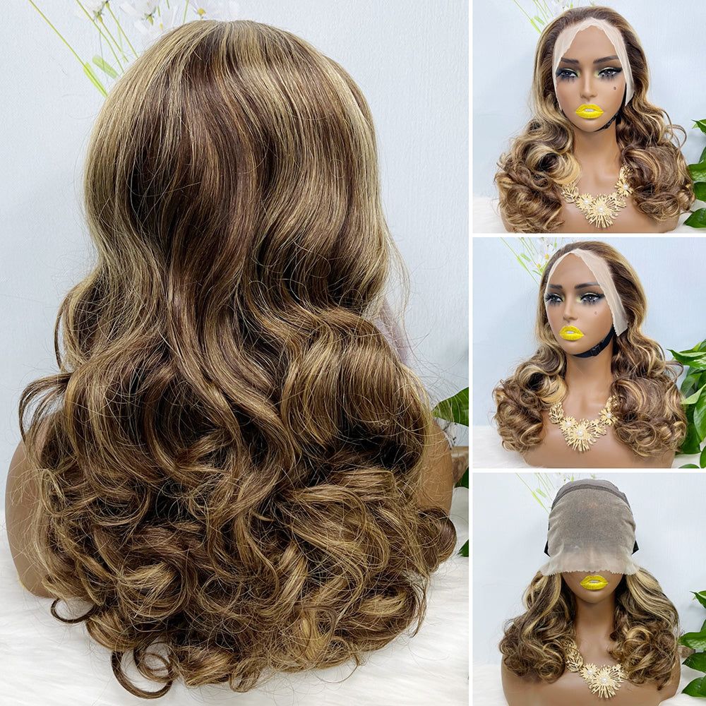 Double Drawn 13*4 Lace Wig Loose Wave Natural Human Hair Lace Wig Color T30/4# 300% Density