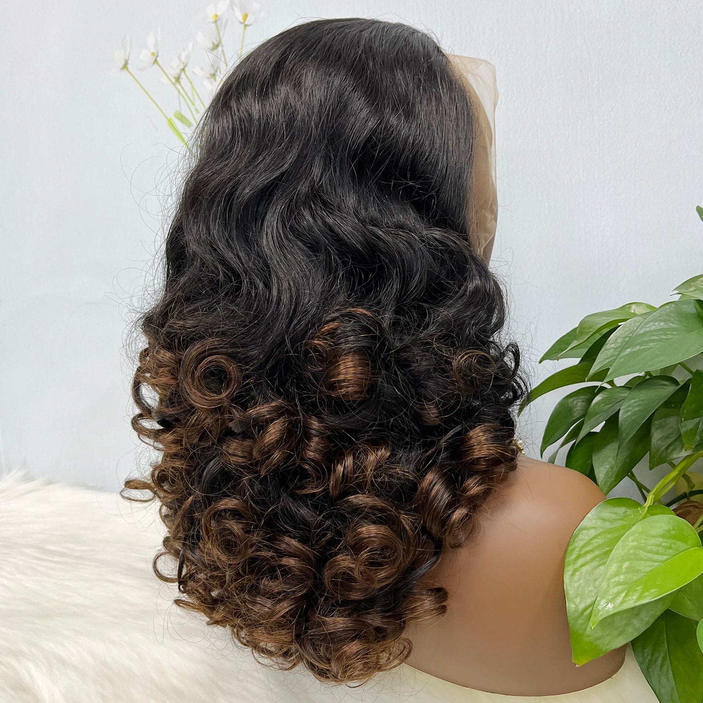 Double Drawn 13*4 Glueless Lace Wig Bouncy Curl Natural Human Hair Wigs Ombre Color T1B/4 20"