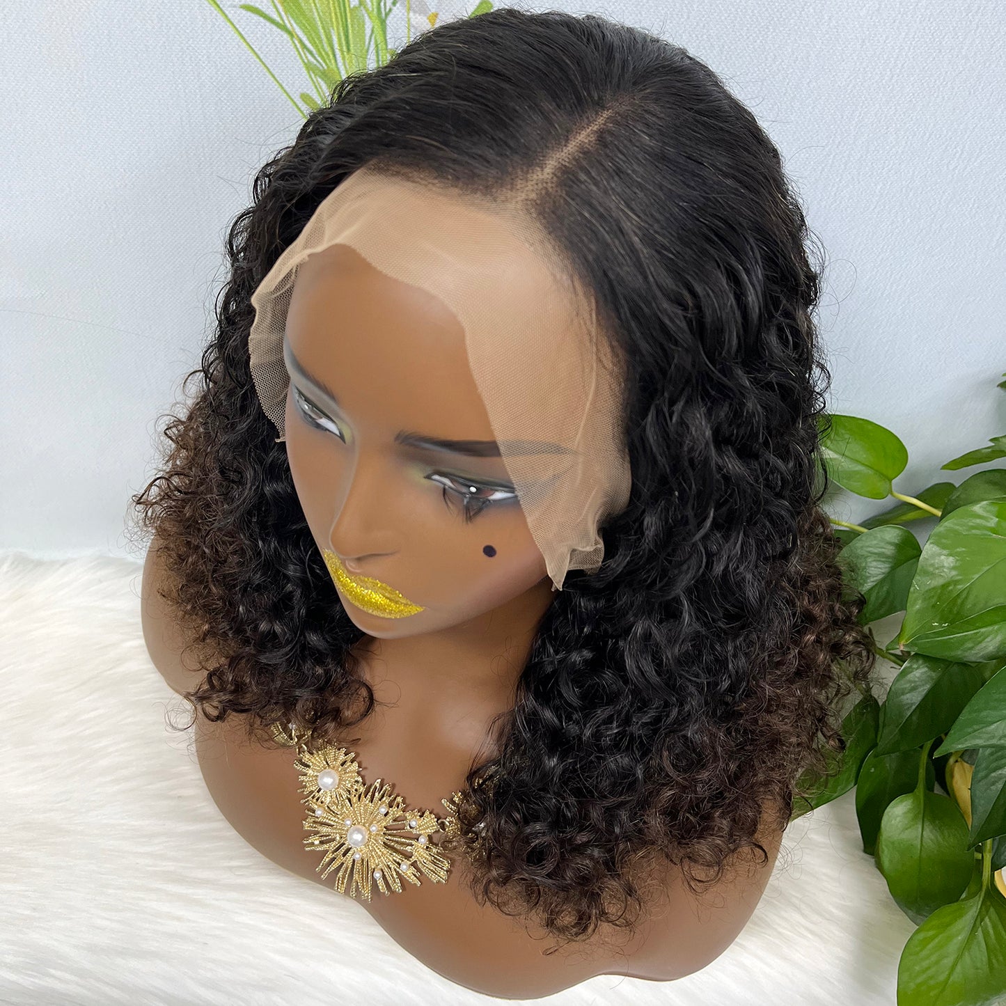Double Drawn 13*4 Glueless Wig Pissy Curl Natural Human Hair Lace Wig Ombre Color T1B/4 250% Density