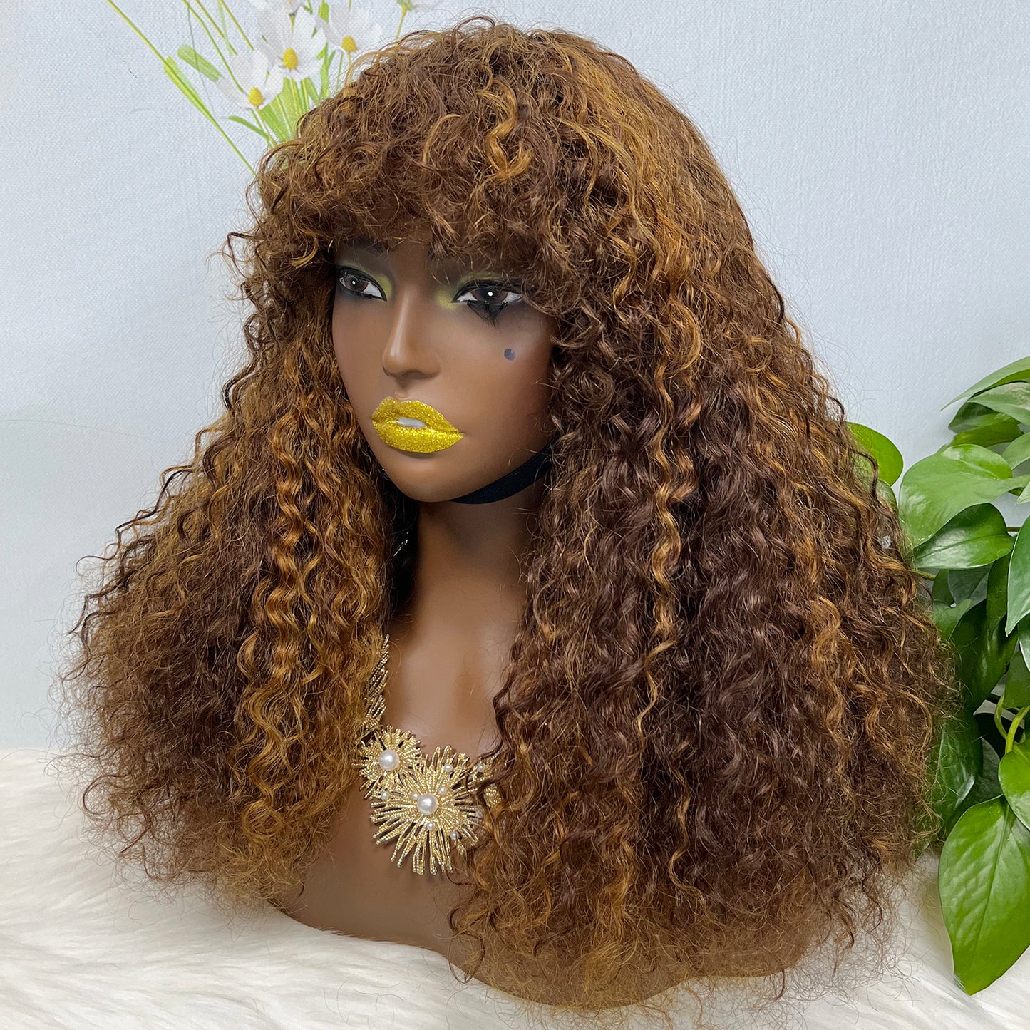 Fringe Double Drawn Machine Wig Water Wave Natural Human Hair Wigs Color P4/30