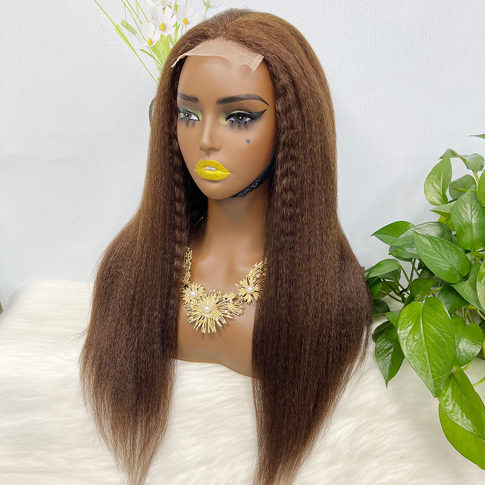 4*4 Lace Wig Kinky Straight Couleur 4# 20" Perruque de cheveux humains naturels 250% Densité