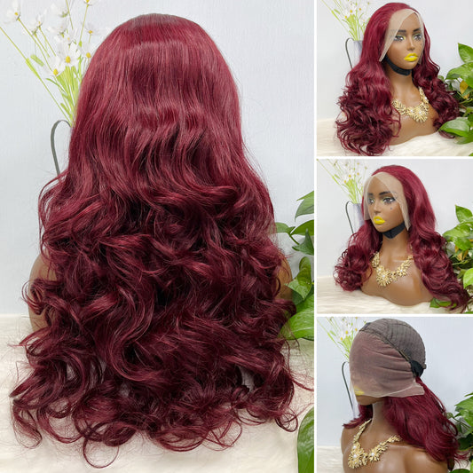 Double Drawn 13*4 GluelessLace Wig Romance Curl Natural Human Hair Lace Wigs Wine Color 99J 20"