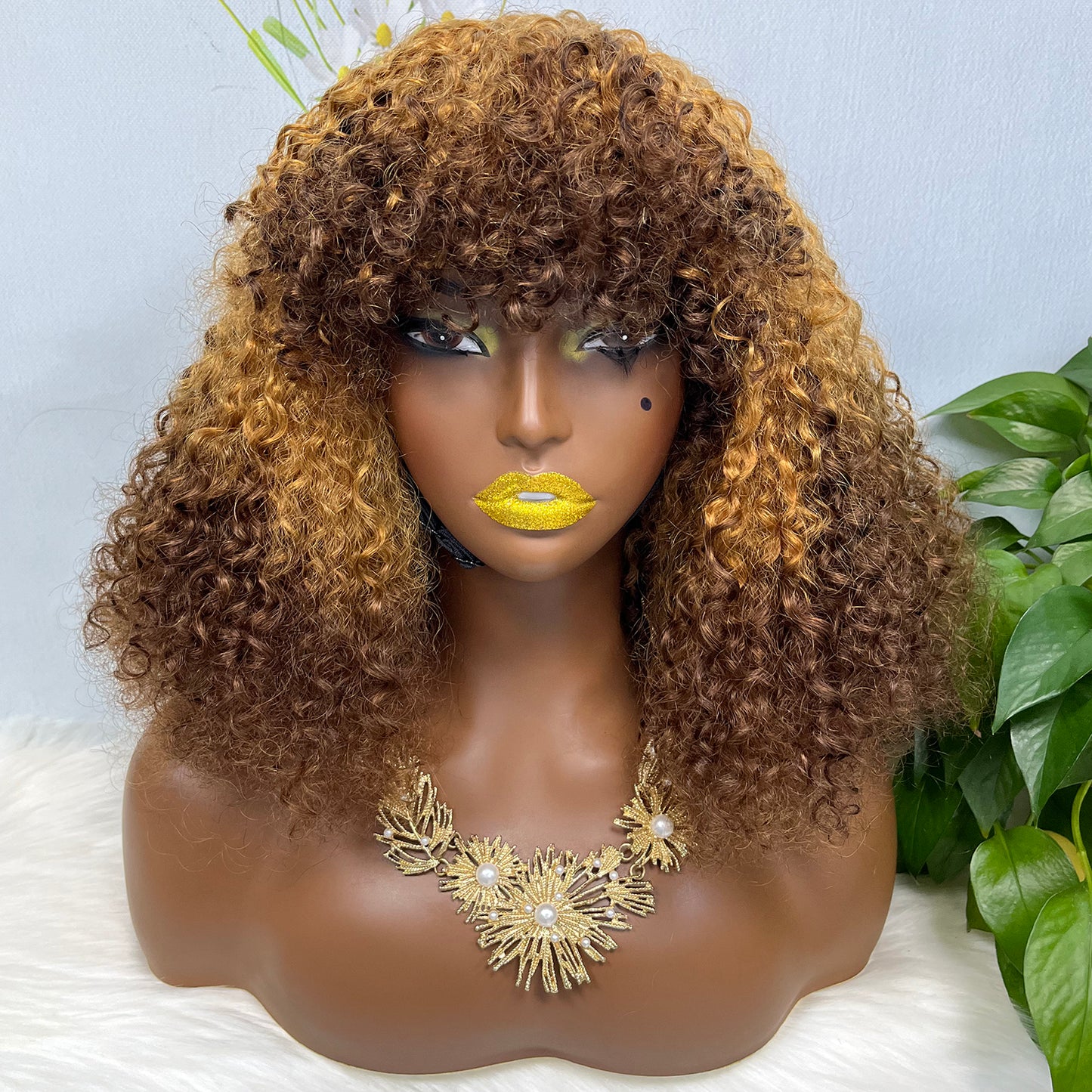 Fringe Double Drawn Wig Human Hair Pixie Curl Wigs 300% Density Ombre Color T4/30/4