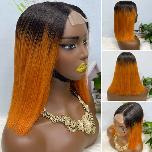 Super Double Drawn 2*6 Lace Bob Wig  Human Hair Lace Wig Color T1B/Orange Straight
