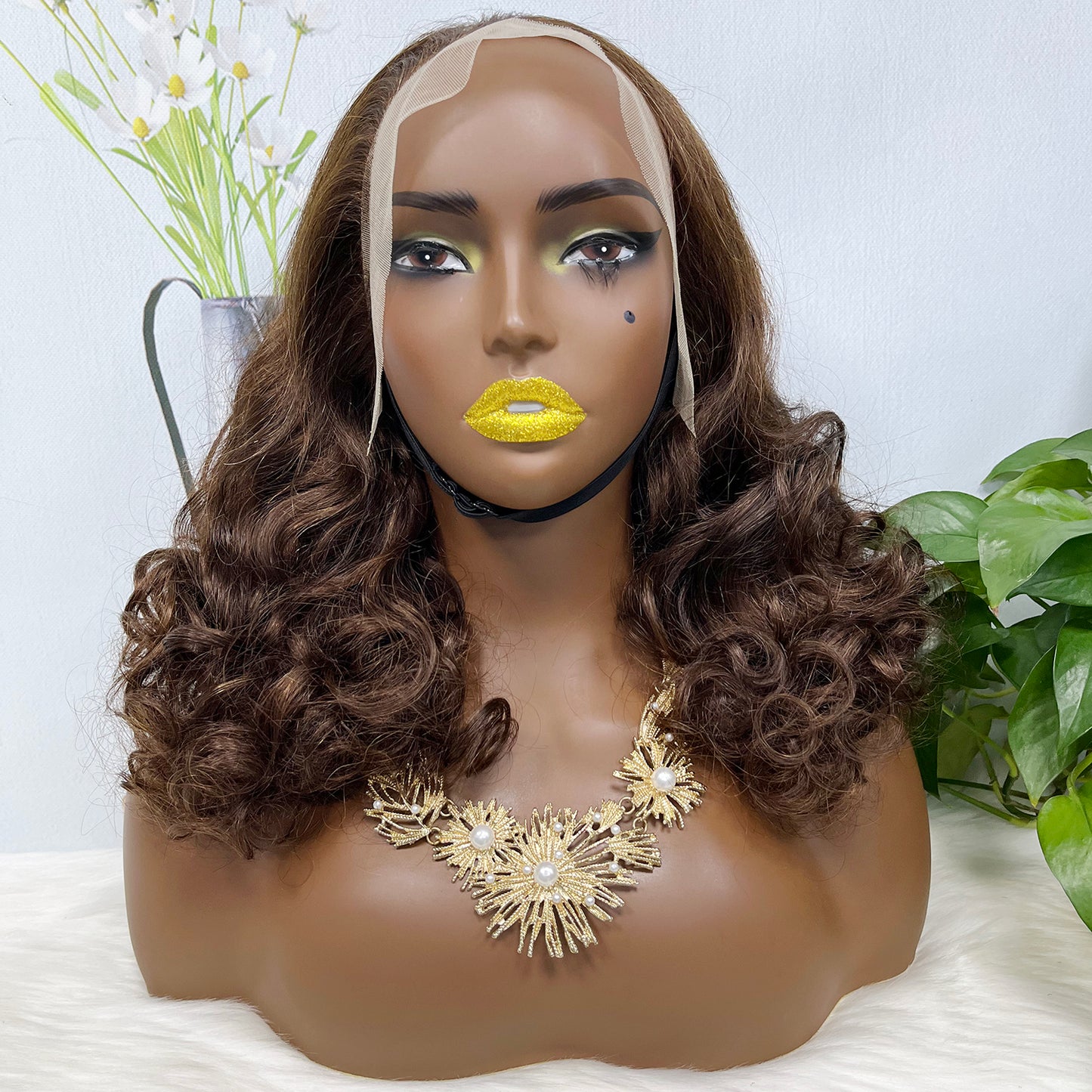 Double Drawn 13*4 Glueless Lace Wig Bouncy Curl Natural Human Hair Wigs Brown Color 4# 20"