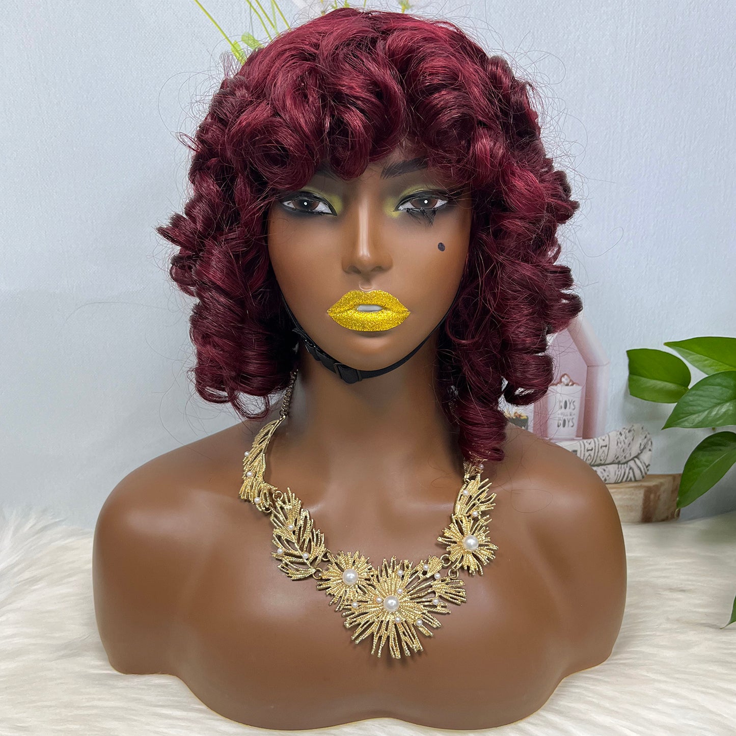 Fringe Double Drawn Human Hair Wig Fumi Curl Wine Color 99J Wigs 14inch