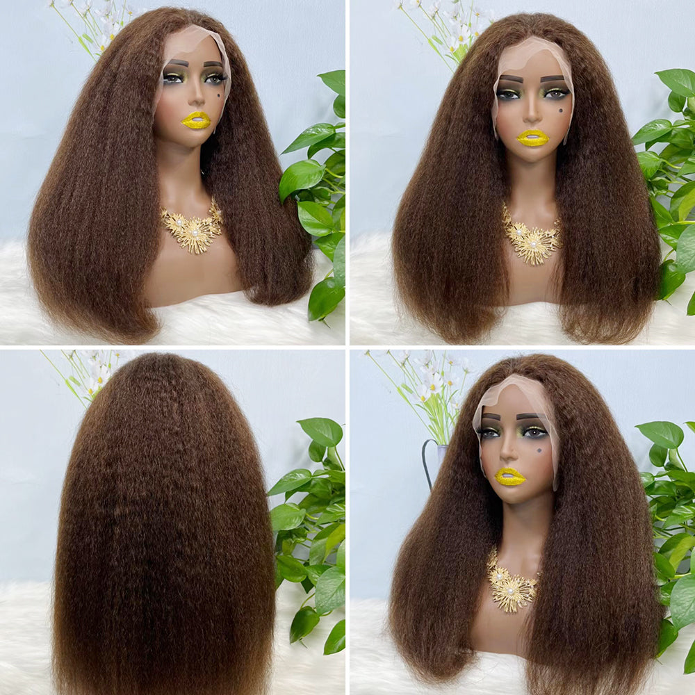13*4 Lace Wig Kinky Straight Natural Virgin Human Hair Lace Wigs Color 4# 200% Density