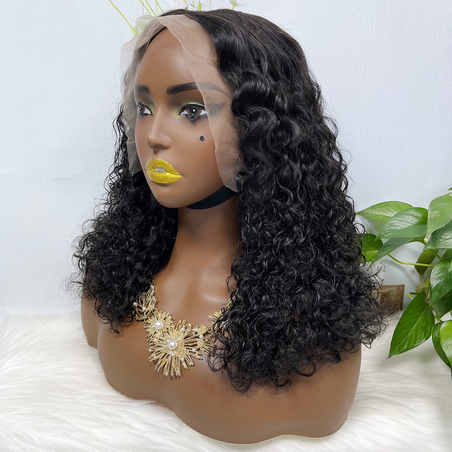 Double Drawn 13*4 Glueless Wig Pissy Curl Natural Human Hair Lace Wig Color 1B 250% Density