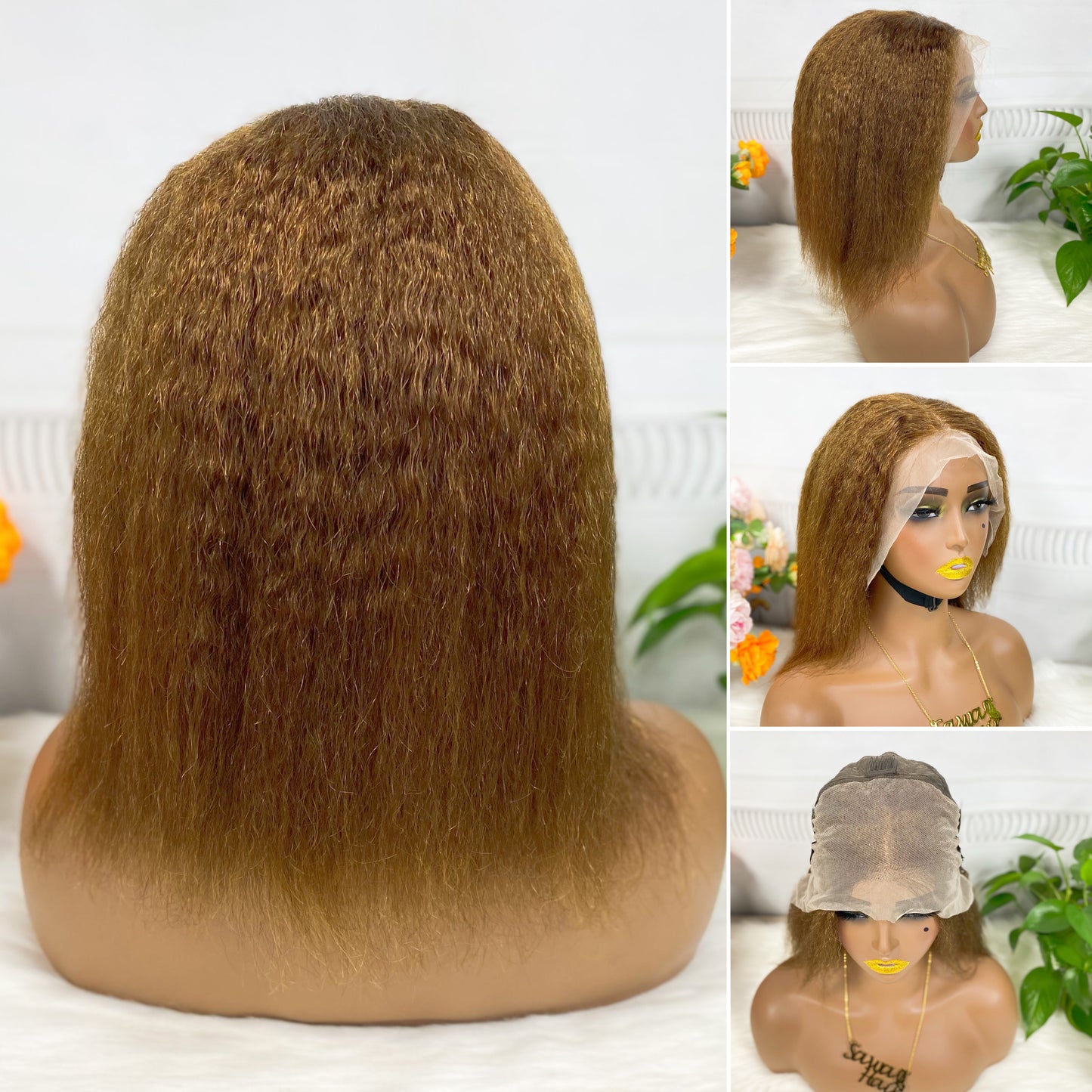 13*4 BoB Wig Kinky Straight Wigs Color 4# 200% Density