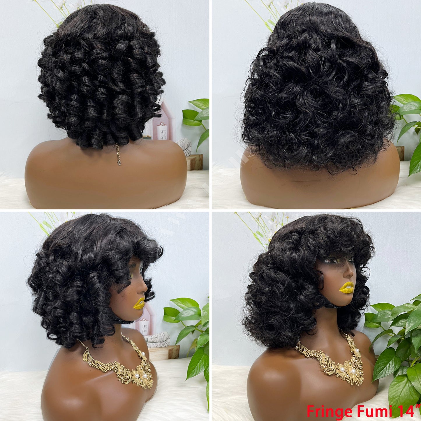 Fringe Double Drawn Human Hair Wig Fumi Curl Wine Color 99J Wigs 14inch