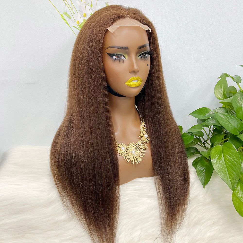 4*4 Lace Wig Kinky Straight Couleur 4# 20" Perruque de cheveux humains naturels 250% Densité