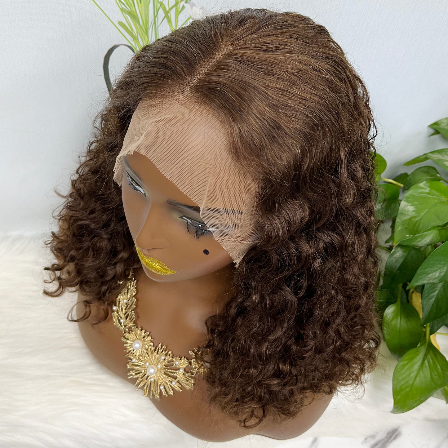 Double Drawn 13*4 Glueless Wig Pissy Curl Natural Human Hair Lace Wig Brown Color 4# 250% Density