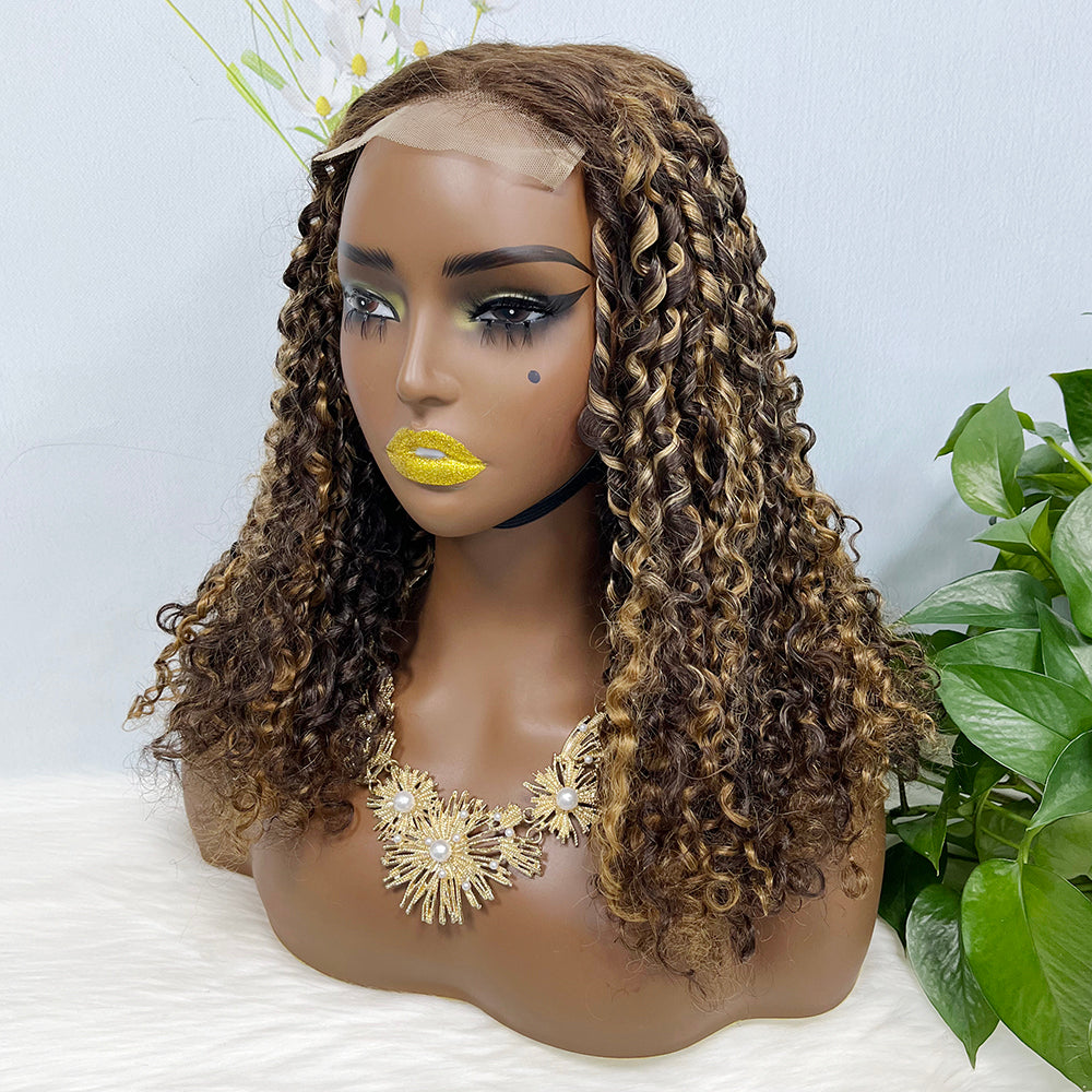DD 4*4 perruque de dentelle sans colle Pixie perruque de dentelle de cheveux humains naturels couleur P4/27 #250% densité