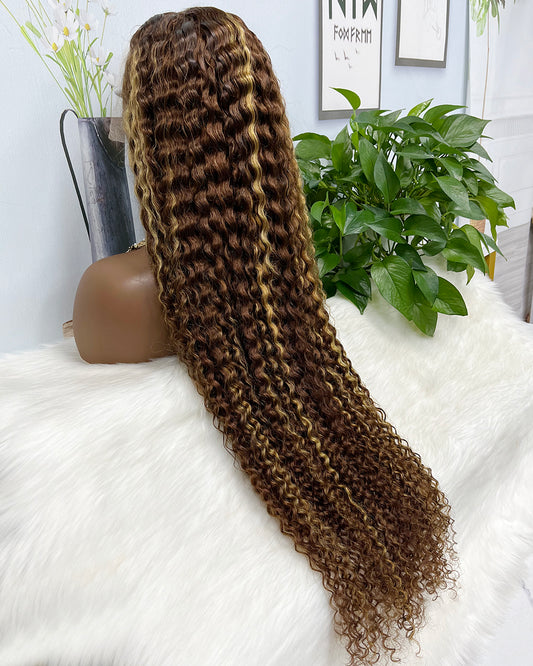36" 13x4 Lace Wig Water Wave Curly Human Hair Wigs Piano Color P4/27 500% Density