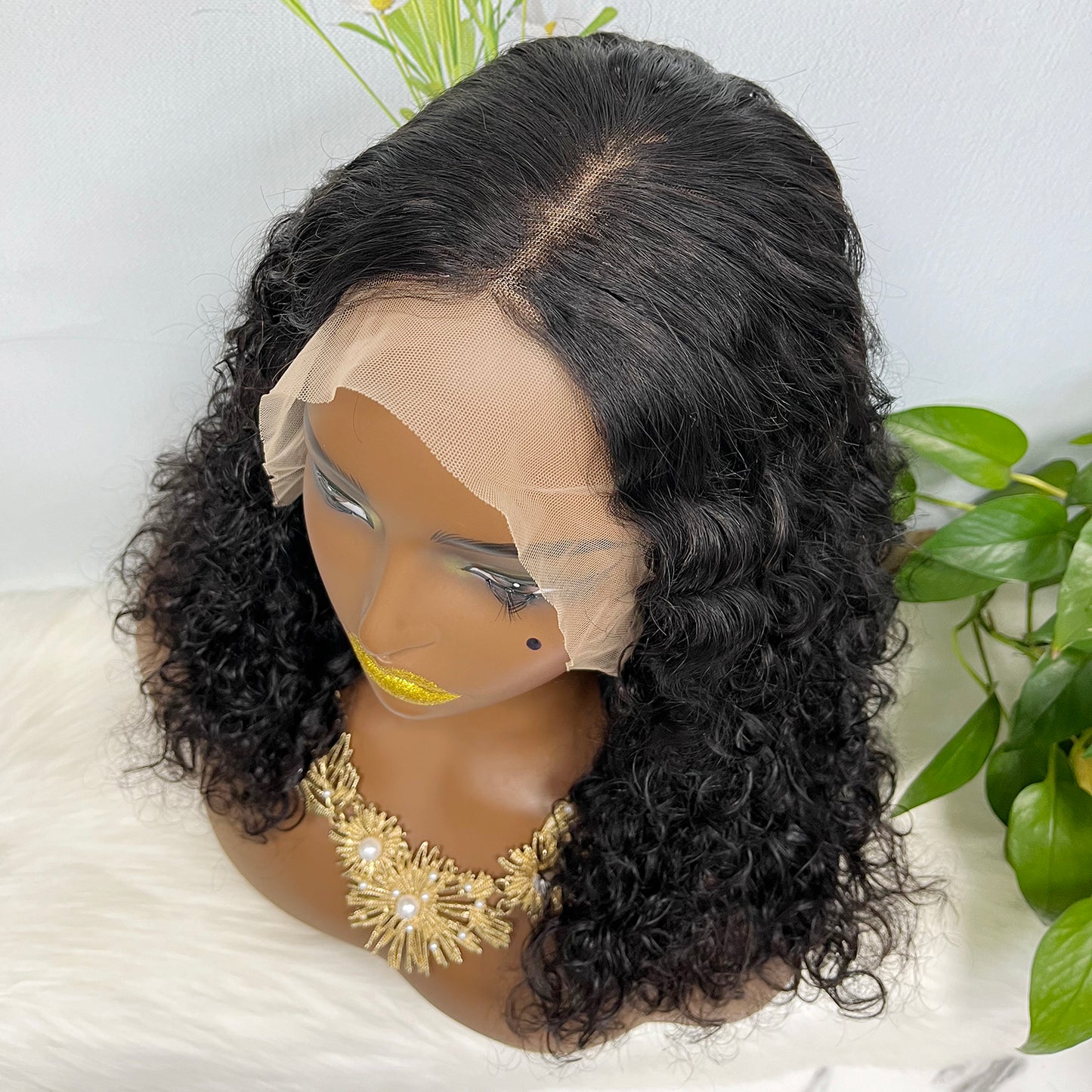 Double Drawn 13*4 Glueless Wig Pissy Curl Natural Human Hair Lace Wig Color 1B 250% Density