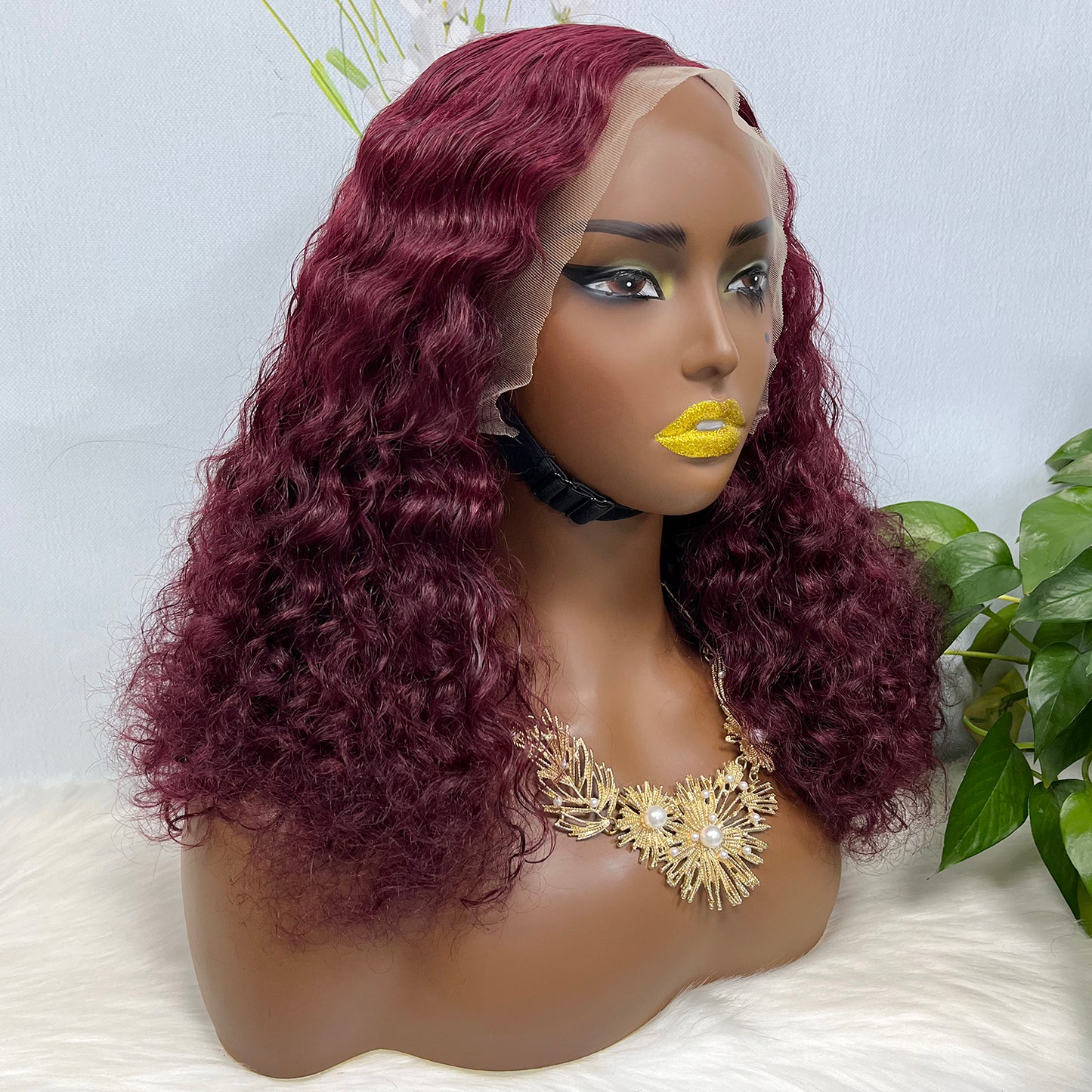 Double Drawn 13*4 Glueless Wig Pissy Curl Natural Human Hair Lace Wig Wine Color 99J 250% Density