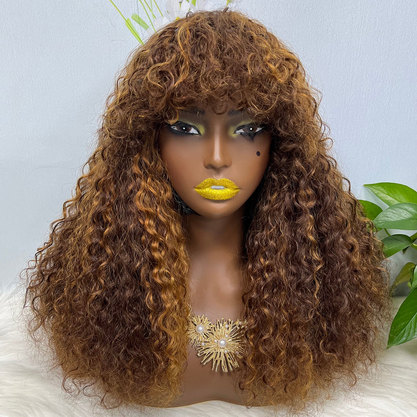 Fringe Double Drawn Machine Wig Water Wave Natural Human Hair Wigs Color P4/30