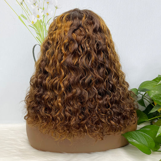 Double Drawn 5x5 Glueless Wig Water Wave Natural Human Hair Lace Wig Piano Color P4/30 14 inch