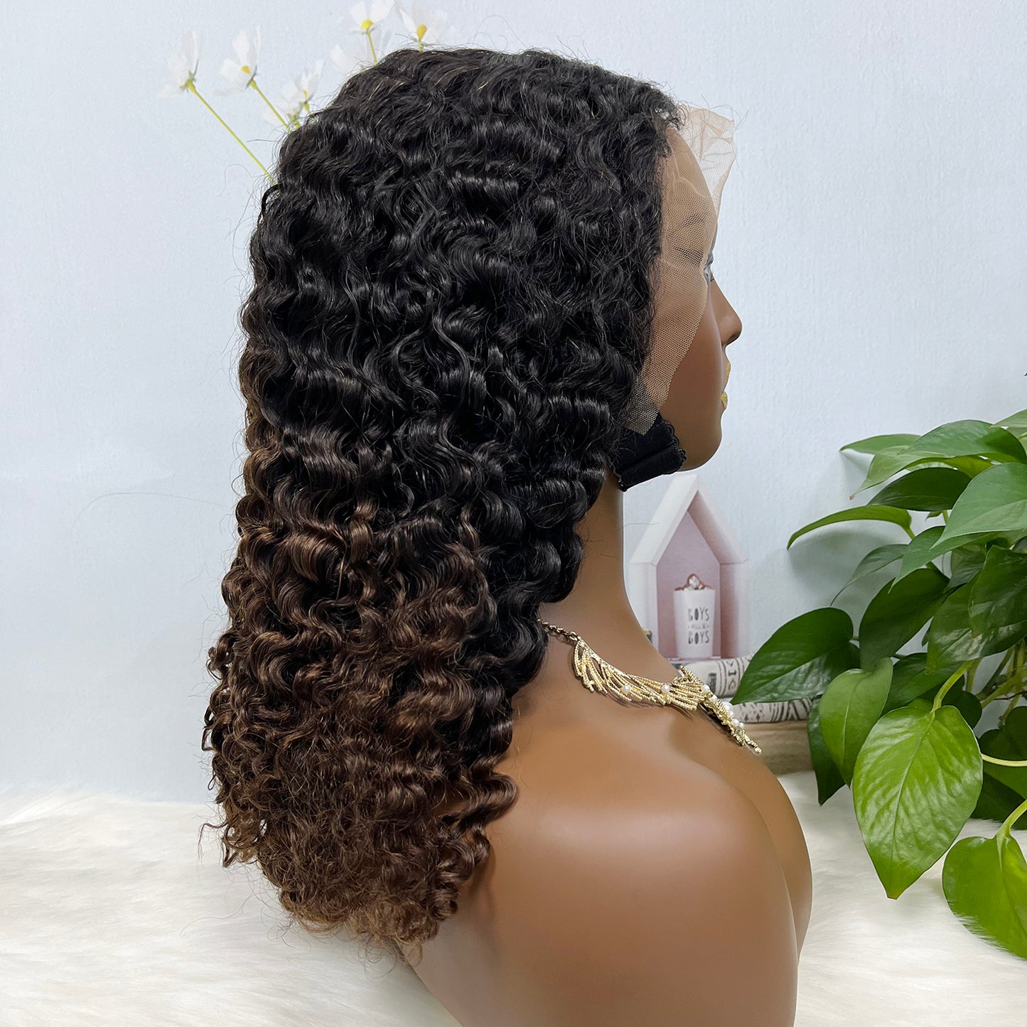 Double Drawn 13*4 Glueless Wig Burmese Curl Human Hair Wigs Ombre Color T1B/4 250% Densisty
