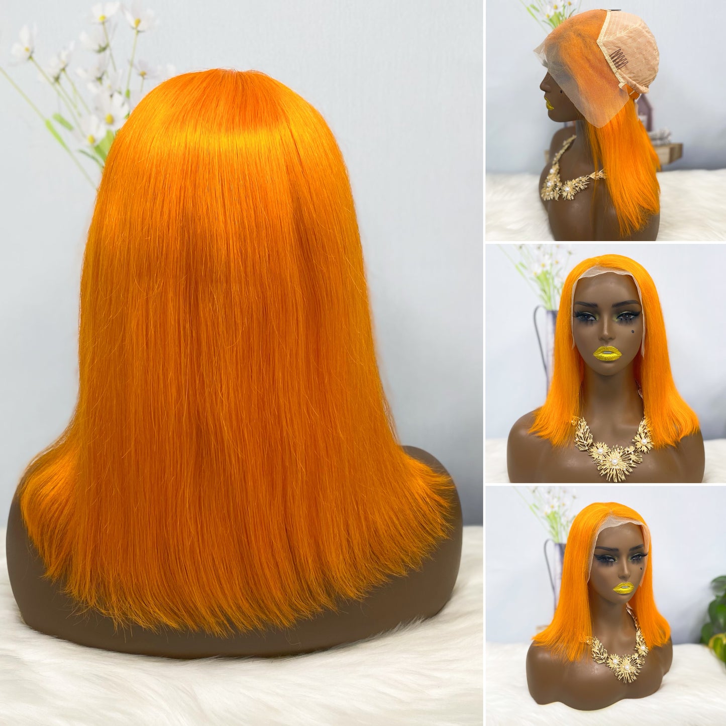 13*4 BoB Wig Perruques droites Couleur Orange Densité 200%