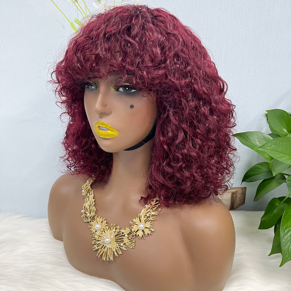 Fringe Double Drawn Wig Water Wave Machine Human Hair Wigs Wine Color 99J