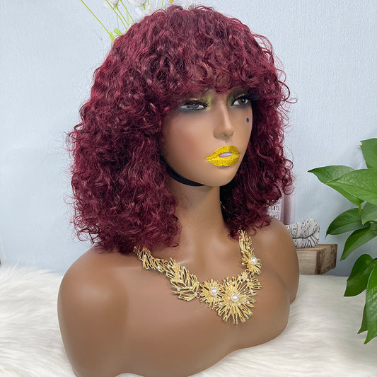 Fringe Double Drawn Wig Water Wave Machine Human Hair Wigs Wine Color 99J