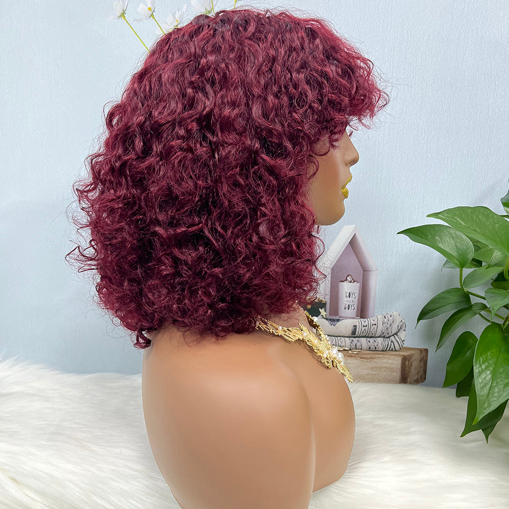Fringe Double Drawn Wig Water Wave Machine Human Hair Wigs Wine Color 99J