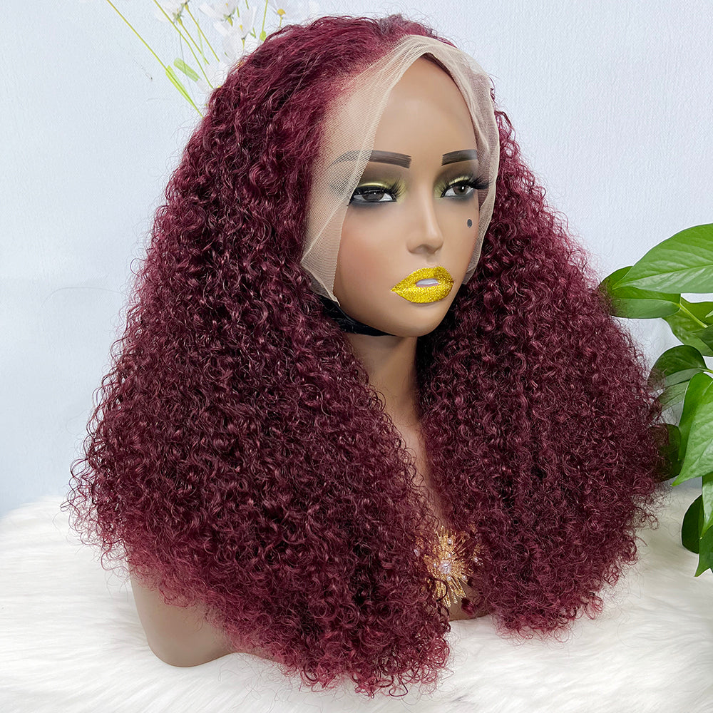Double Drawn 13*4 Lace Wig Kinky Curl Lace Wig Color 99J 300% Density