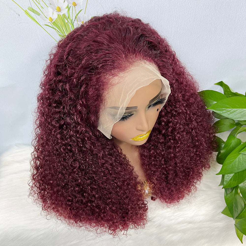 Double Drawn 13*4 Lace Wig Kinky Curl Lace Wig Color 99J 300% Density