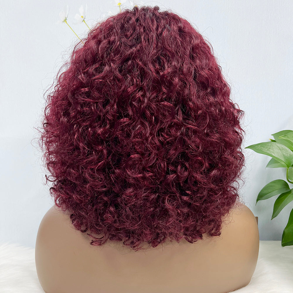 Fringe Double Drawn Wig Water Wave Machine Human Hair Wigs Wine Color 99J