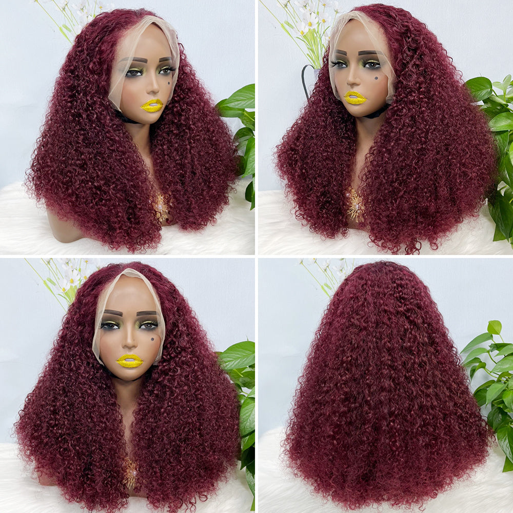 Double Drawn 13*4 Lace Wig Kinky Curl Lace Wig Color 99J 300% Density