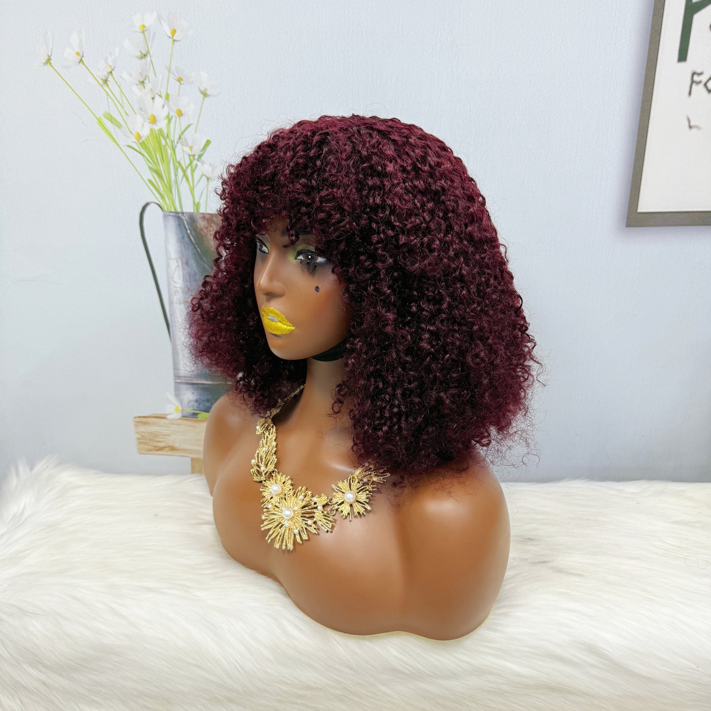 Fringe Double Drawn Wig Human Hair Pixie Curl Wigs 300% Density 12inches Color 99J