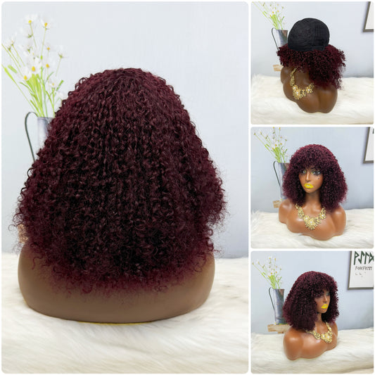 Fringe Double Drawn Wig Human Hair Pixie Curl Wigs 300% Density 12inches Color 99J