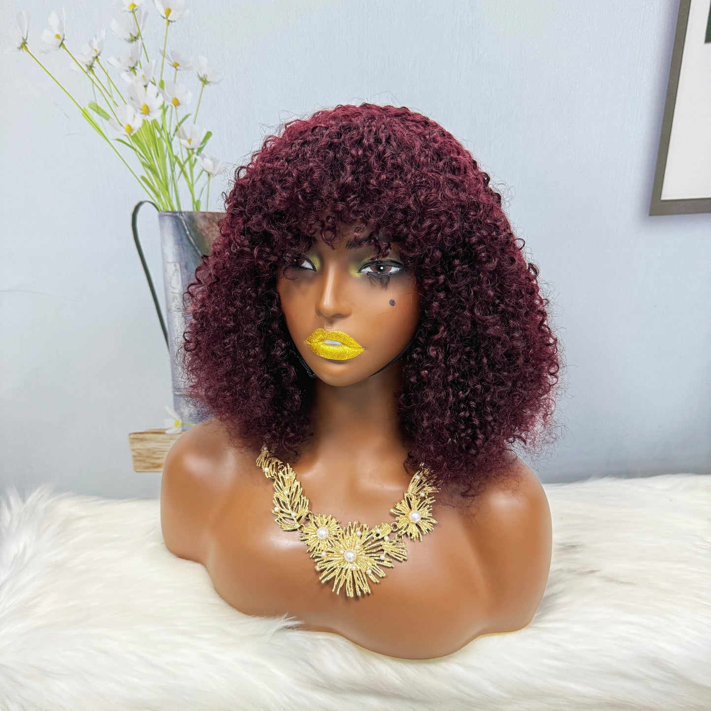 Fringe Double Drawn Wig Human Hair Pixie Curl Wigs 300% Density 12inches Color 99J