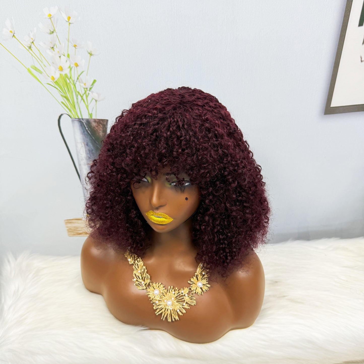 Fringe Double Drawn Wig Human Hair Pixie Curl Wigs 300% Density 12inches Color 99J